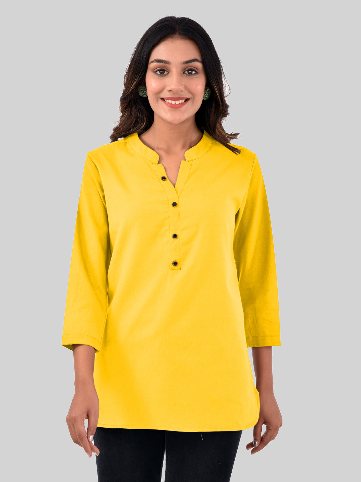 Womens Casual Three Fourth Sleeves Solid Yellow Cotton Tops