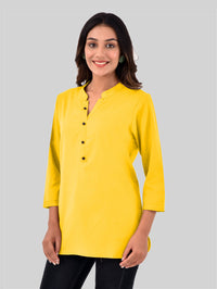 Womens Casual Three Fourth Sleeves Solid Yellow Cotton Tops