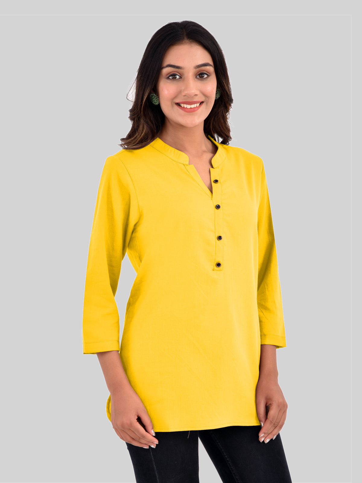 Womens Casual Three Fourth Sleeves Solid Yellow Cotton Tops