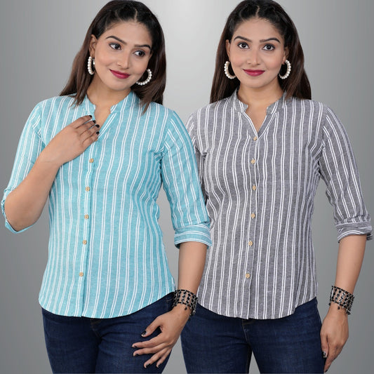 Pack Of 2 Womens Green And Grey Mangoline Striped Casual Shirt