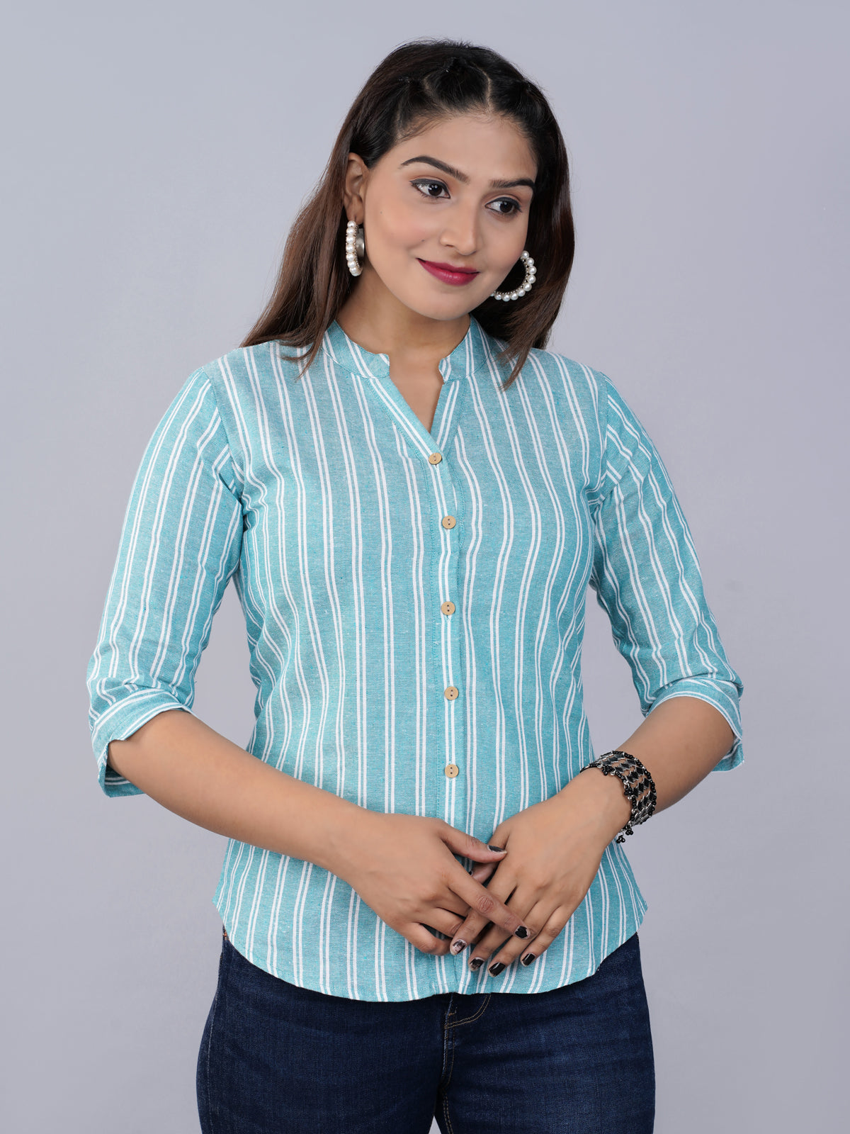 Womens Green Mangoline Striped Casual Shirt