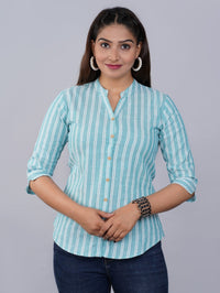 Pack Of 2 Womens Blue And Green Mangoline Striped Casual Shirt