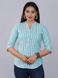 Pack Of 2 Womens Green And Turquoise Mangoline Striped Casual Shirt