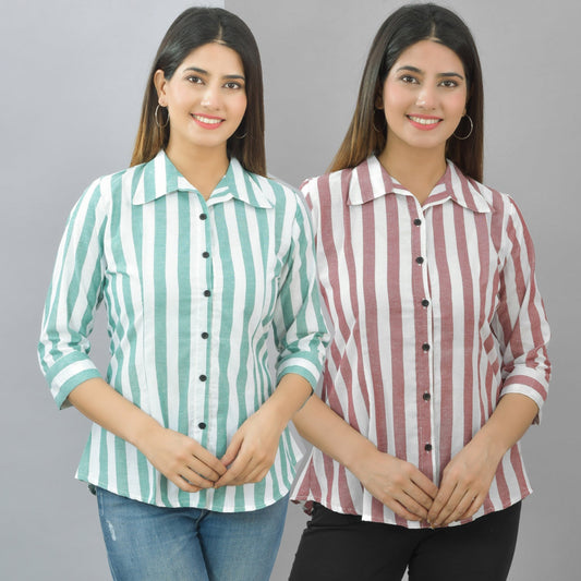 Pack Of 2 Womens Green And Maroon Spread Collar Striped Shirt Combo