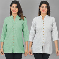 Pack Of 2 Womens Green And Melange Grey Woven Design Handloom Cotton Frontslit Short Kurtis