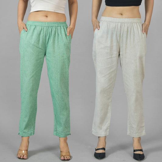 Pack Of 2 Womens Green and Off White Fully Elastic Cotton Trousers