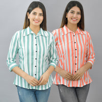 Pack Of 2 Womens Green And Orange Spread Collar Striped Shirt Combo