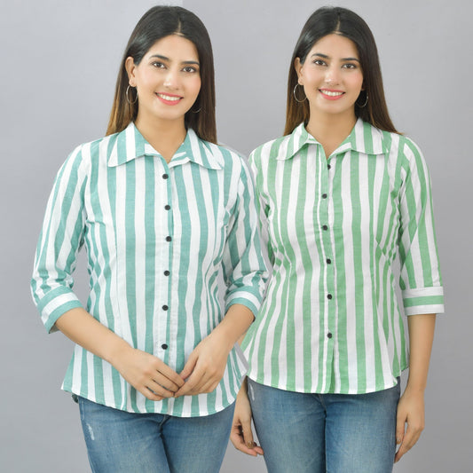 Pack Of 2 Womens Green And Parrot Green Spread Collar Striped Shirt Combo