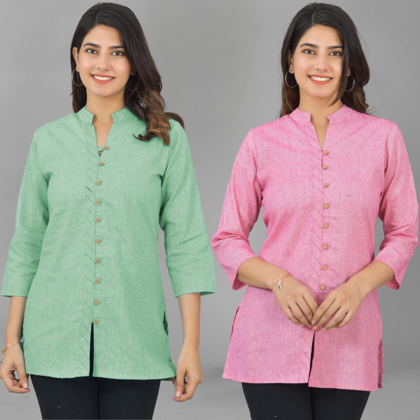 Pack Of 2 Womens Green And Pink Woven Design Handloom Cotton Frontslit Short Kurtis