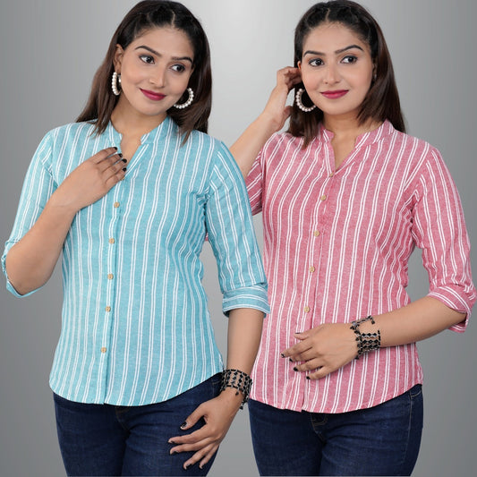 Pack Of 2 Womens Green And Pink Mangoline Striped Casual Shirt