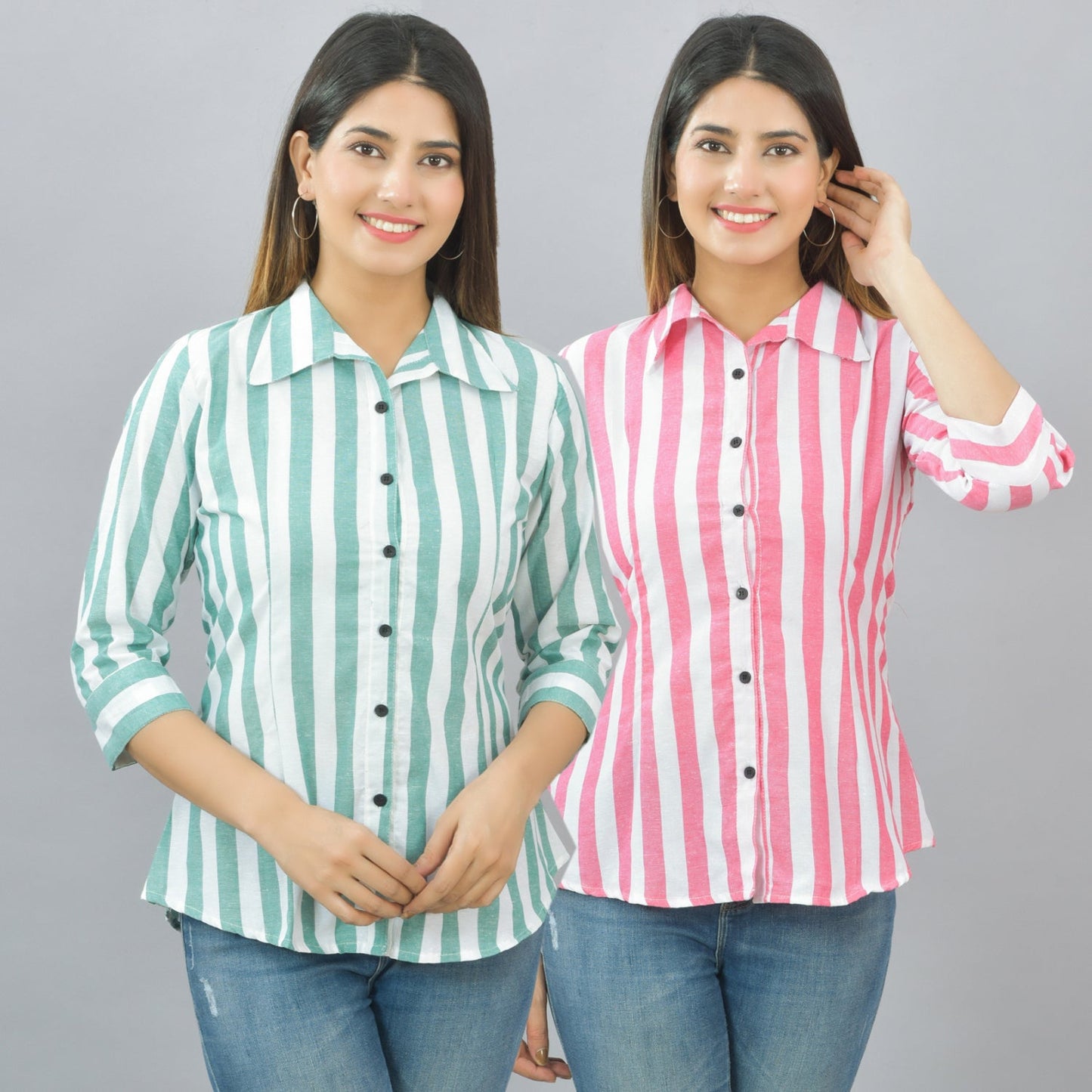 Pack Of 2 Womens Green And Pink Spread Collar Striped Shirt Combo