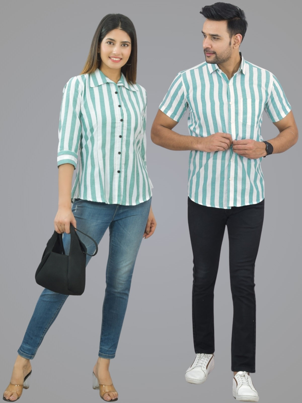 Pack Of 2 Quaclo Couple Green Striped Cotton Shirts