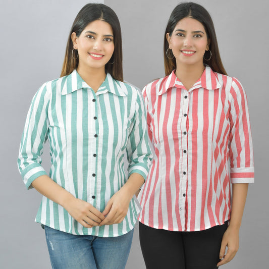 Pack Of 2 Womens Green And Red Spread Collar Striped Shirt Combo