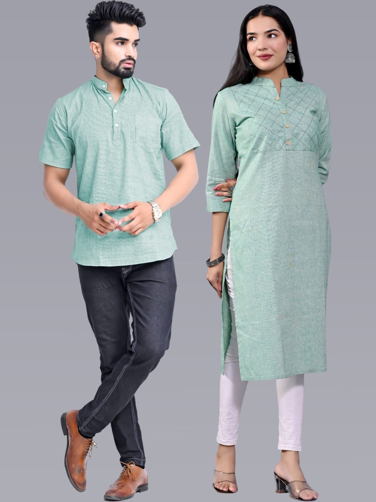 Ethnic Wear South Cotton Green Couple Kurta Set