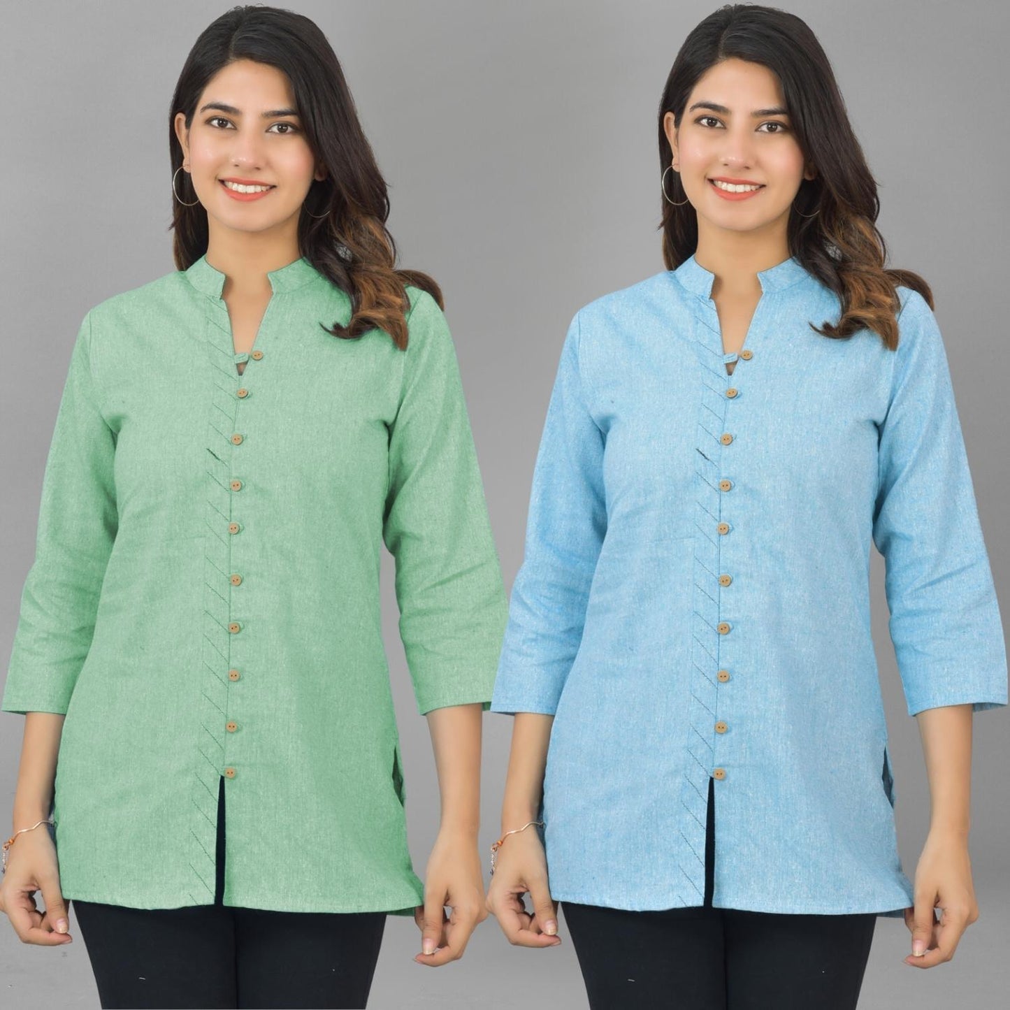 Pack Of 2 Womens Green And Sky Blue Woven Design Handloom Cotton Frontslit Short Kurtis