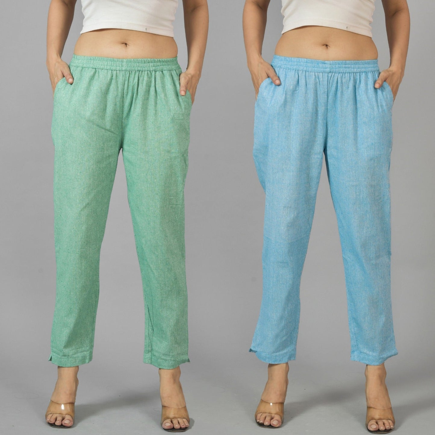 Pack Of 2 Womens Green and Sky Blue Fully Elastic Cotton Trousers