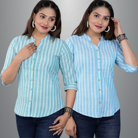 Pack Of 2 Womens Green And Turquoise Mangoline Striped Casual Shirt