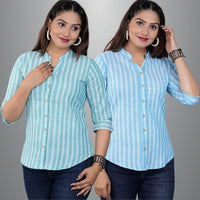 Pack Of 2 Womens Green And Turquoise Mangoline Striped Casual Shirt