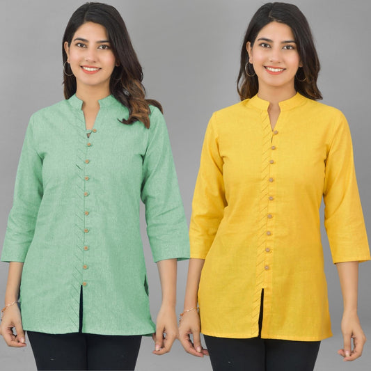 Pack Of 2 Womens Green And Yellow Woven Design Handloom Cotton Frontslit Short Kurtis