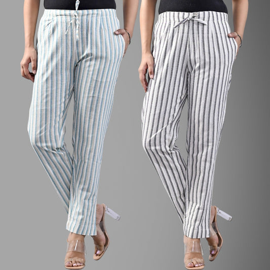 Pack Of 2 Green And Light Grey Womens Cotton Stripe Pants Combo