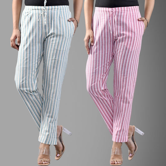 Pack Of 2 Green And Pink Womens Cotton Stripe Pants Combo