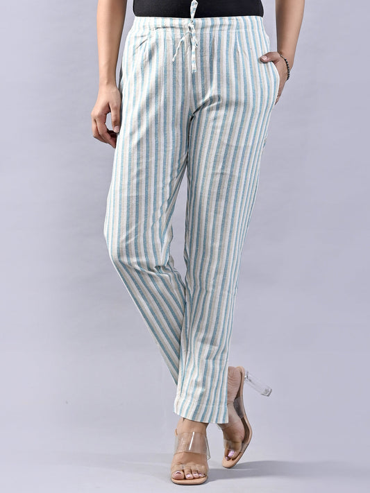 QuaClo Women Green & White Stripe Regular Fit Cotton Trouser