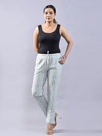 Pack Of 2 Green And Light Grey Womens Cotton Stripe Pants Combo