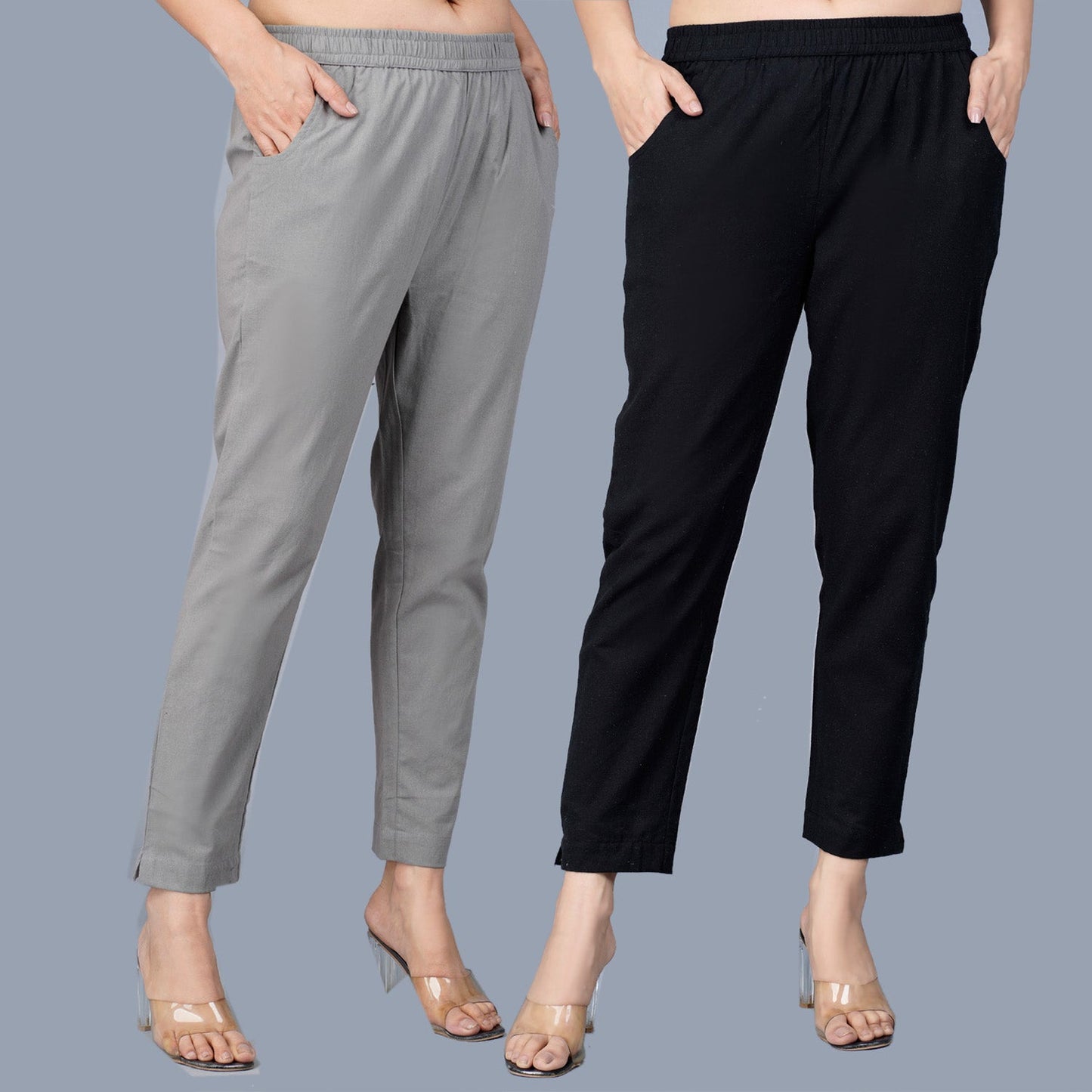 Pack Of 2 Womens Regular Fit Grey And Black Fully Elastic Waistband Cotton Trouser