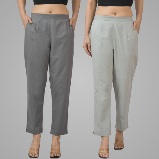 Pack Of 2 Womens Half Elastic Grey And Light Grey Deep Pocket Cotton Pants