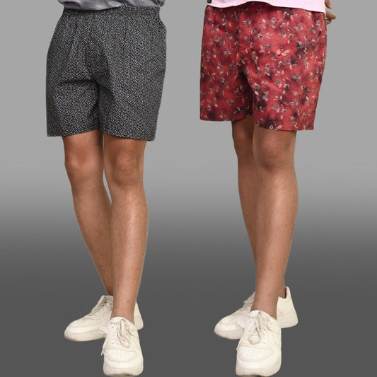 Pack Of 2 Grey And Maroon Mens Printed Shorts Combo