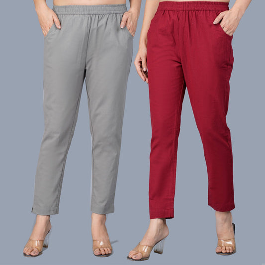 Pack Of 2 Womens Regular Fit Grey And Maroon Fully Elastic Waistband Cotton Trouser