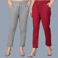Pack Of 2 Womens Regular Fit Grey And Maroon Fully Elastic Waistband Cotton Trouser
