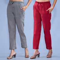 Pack Of 2 Womens Regular Fit Grey And Maroon Cotton Slub Belt Pant Combo