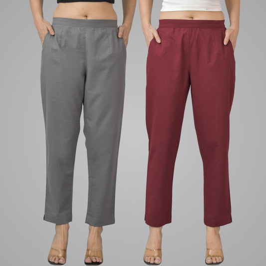 Pack Of 2 Womens Half Elastic Grey And Maroon Deep Pocket Cotton Pants