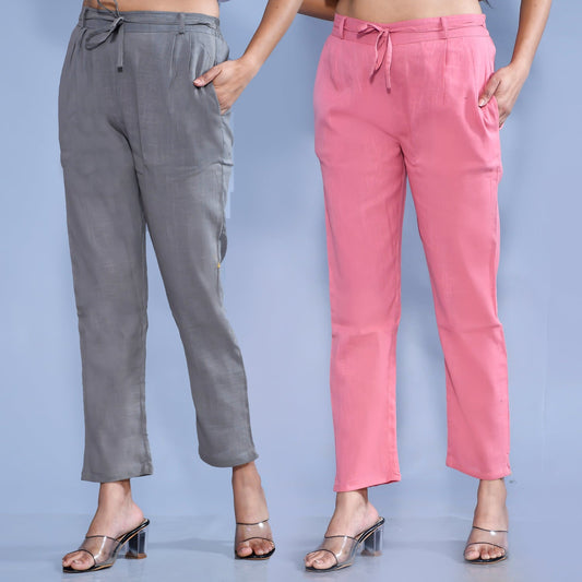 Pack Of 2 Womens Regular Fit Grey And Mauve Pink Cotton Slub Belt Pant Combo