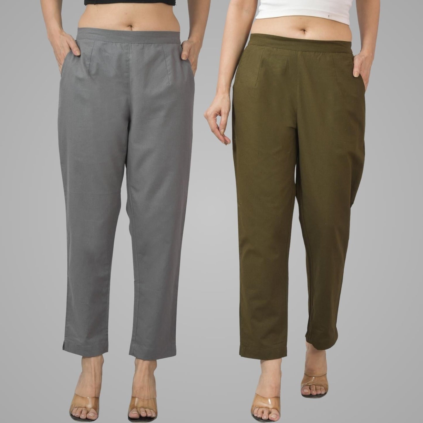 Pack Of 2 Womens Half Elastic Grey And Mehndi Green Deep Pocket Cotton Pants