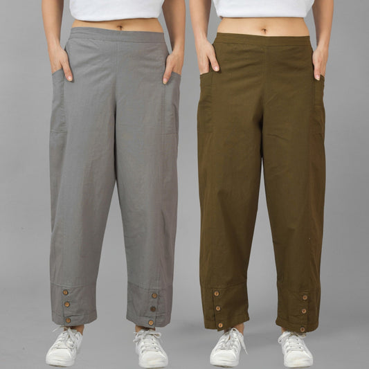 Combo Pack Of Womens Grey And Mehndi Green Side Pocket Straight Cargo Pants