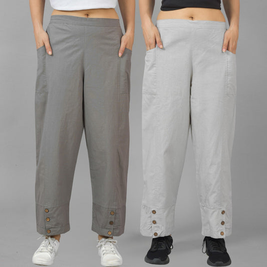 Combo Pack Of Womens Grey And Melange Grey Side Pocket Straight Cargo Pants