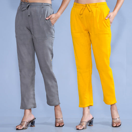 Pack Of 2 Womens Regular Fit Grey And Mustard Cotton Slub Belt Pant Combo