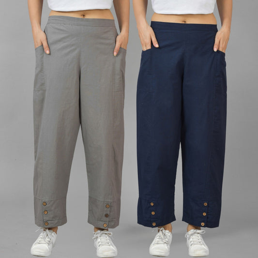 Combo Pack Of Womens Grey And Navy Blue Side Pocket Straight Cargo Pants
