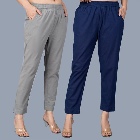 Pack Of 2 Womens Regular Fit Grey And Navy Blue Fully Elastic Waistband Cotton Trouser