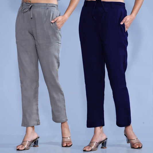 Pack Of 2 Womens Regular Fit Grey And Navy Blue Cotton Slub Belt Pant Combo