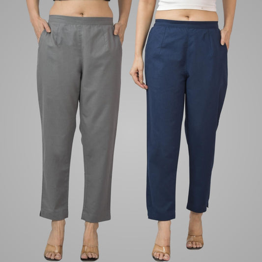 Pack Of 2 Womens Half Elastic Grey And Navy Blue Deep Pocket Cotton Pants