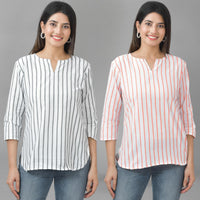 Pack Of 2 Grey And Orange Striped Cotton Womens Top Combo