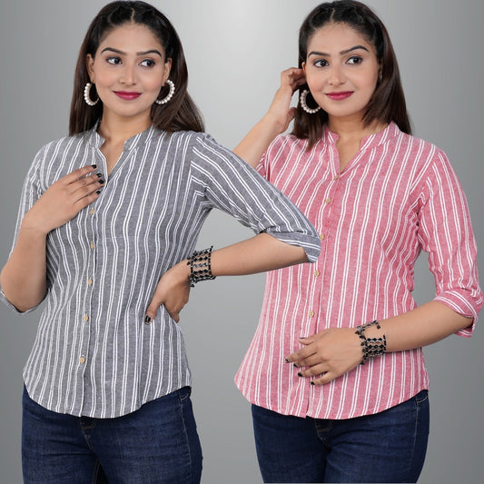 Pack Of 2 Womens Grey And Pink Mangoline Striped Casual Shirt