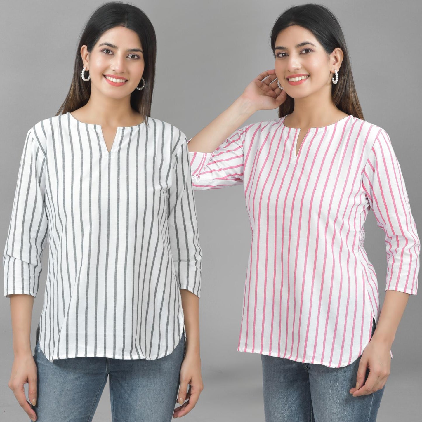 Pack Of 2 Grey And Pink Striped Cotton Womens Top Combo