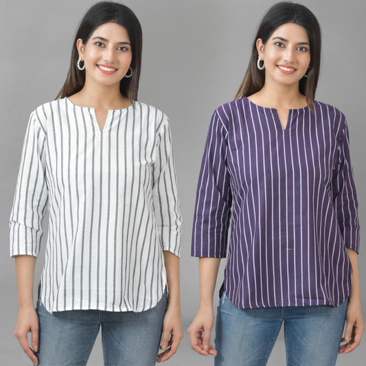 Pack Of 2 Grey And Dark Purple Striped Cotton Womens Top Combo