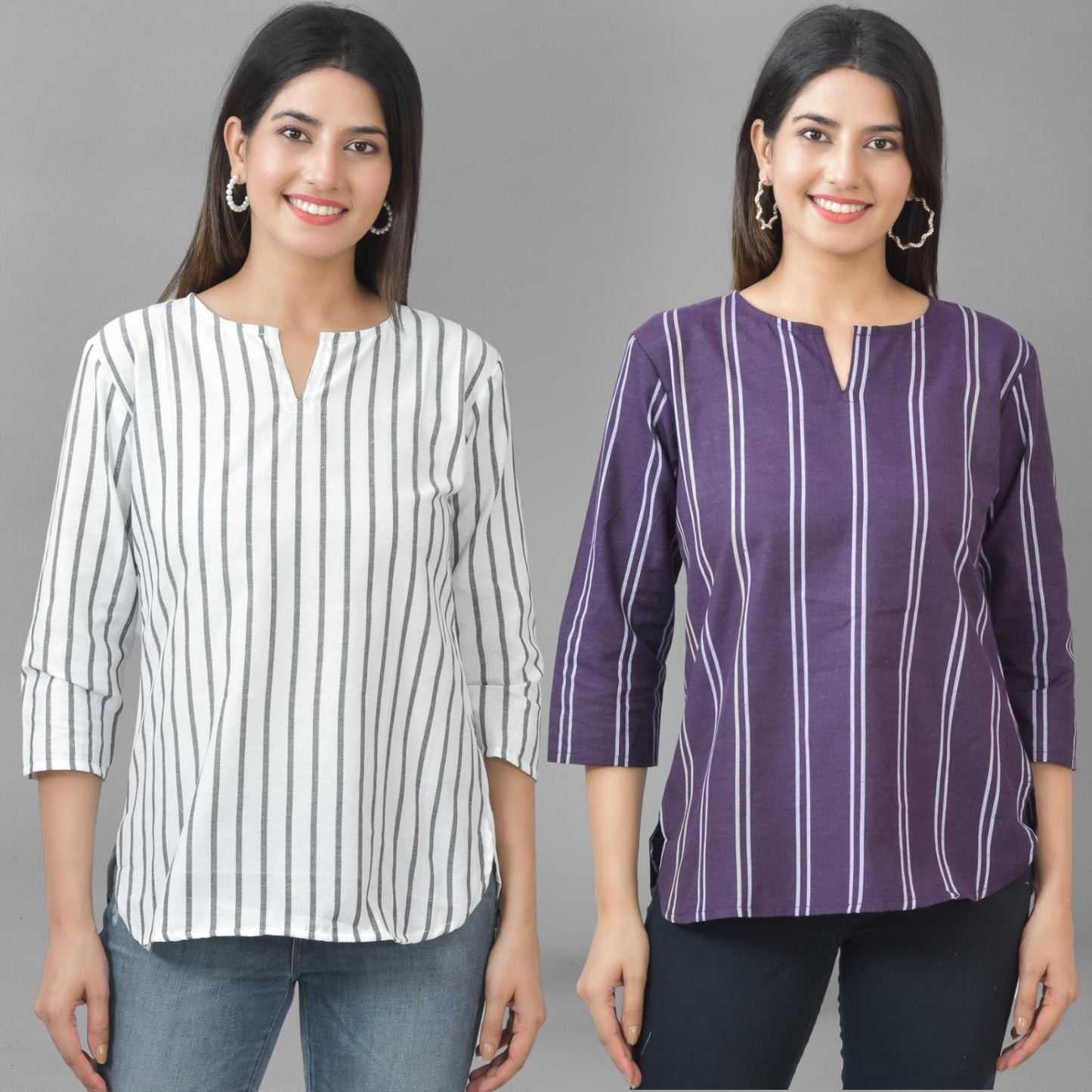 Pack Of 2 Grey And Purple Striped Cotton Womens Top Combo