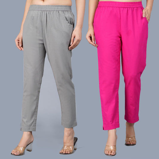 Pack Of 2 Womens Regular Fit Grey And Rani Pink Fully Elastic Waistband Cotton Trouser