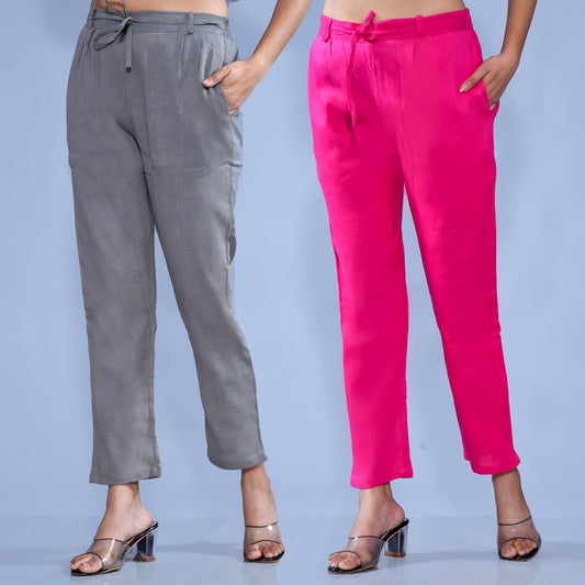 Pack Of 2 Womens Regular Fit Grey And Rani Pink Cotton Slub Belt Pant Combo